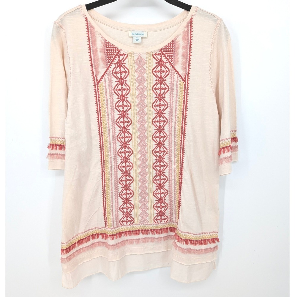 Sundance Tunic Top Womens Small Pink Boho Embroidered Fringe Tassel Festival